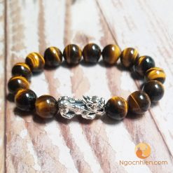 Vòng Đá mắt hổ vàng nâu 12 ly mix Tỳ Hưu bạc - vong tay phong thuy ngocnhien