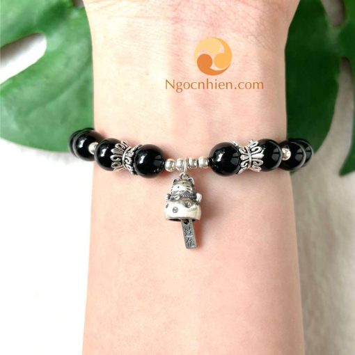Vòng tay đá Mã Não Đen 8 ly mix Charm Mèo Chiêu Tài Bạc 925 - MNN0101681