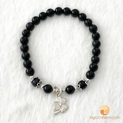 Vòng mã não đen 6 ly mix charm Bạc 925 cỏ 3 lá - vong phong thuy
