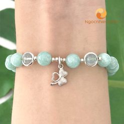 Vòng đá cẩm thạch xanh lơ 8 ly mix charm bạc 925 Cỏ 3 lá - vòng tay phong thủy