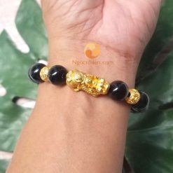 Vòng Tay Đá Mã Não Đen 10 ly mix Châu Kim Tiền, Tỳ Hưu Bạc mạ Vàng - MNN010692