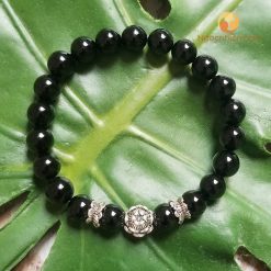 Vòng Đá mã não đen 6 ly mix charm Hoa Sen