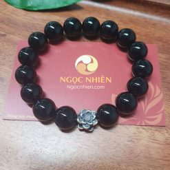 Vòng tay Đá mã não đen 12 ly mix hoa Mẫu Đơn Bạc 925 – MNN010331