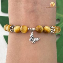 Vòng tay đá Mắt Hổ vàng 8 ly mix charm Bạc 925 mặt bướm -10662