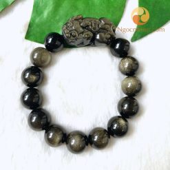Vòng Tay Đá Núi Lửa Obsidian Ánh Nâu 14 ly mix charm Tỳ Hưu đá - 10740