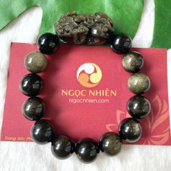 Vòng Tay Đá Núi Lửa Obsidian Ánh Nâu 14 ly mix charm Tỳ Hưu đá - 10740