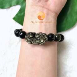 Vòng Tay Đá Núi Lửa Obsidian Ánh Nâu 14 ly mix charm Tỳ Hưu đá - 10740