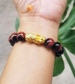 Vòng Tay Đá mắt hổ vàng nâu 12 ly mix Tỳ Hưu bạc mạ vàng - vòng phong thủy cho nam mệnh hỏa và mệnh thổ