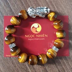 Vòng tay Đá mắt hổ nâu vàng 12 ly mix charm bạc Tỳ Hưu, chữ Vạn - vòng phong thủy ngocnhien