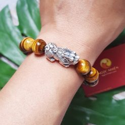 Vòng tay Đá mắt hổ nâu vàng 12 ly mix charm bạc Tỳ Hưu, chữ Vạn bạc 925 - vong tay phong thuy ngocnhien