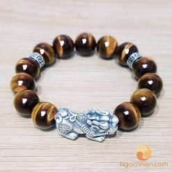 Vòng tay Đá mắt hổ nâu vàng 12 ly mix charm bạc Tỳ Hưu, chữ Vạn - vòng tỳ hưu ngọc nhiên
