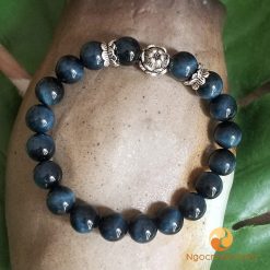 Vòng tay Đá mắt hổ xanh đen 8 ly mix charm bạc 925 Đài và Hoa Sen - vòng phong thủy