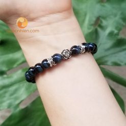 Vòng Đá mắt hổ xanh đen 8 ly mix charm bạc 925 Đài và Hoa Sen - vòng tay phong thủy cho nữ mệnh Mộc và mệnh Thủy