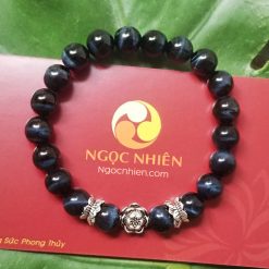 Vòng Đá mắt hổ xanh đen 8 ly mix charm bạc 925 Đài và Hoa Sen - vòng tay phong thủy ngocnhien