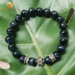 Vòng tay Đá mắt hổ xanh đen 8 ly mix charm bạc 925 Đài và Hoa Sen - vong phong thuy cho nu