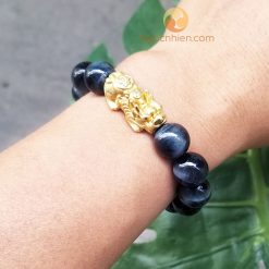 Vòng Đá Mắt Hổ Xanh Đen 12 ly mix Tỳ Hưu Bạc mạ Vàng - vòng tay phong thủy cho nam mệnh mộc và mệnh thủy