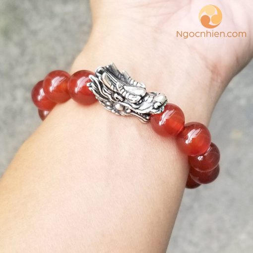 Vòng tay Đá mã não đỏ 12 ly mix charm bạc Đầu Rồng - vong phong thuy