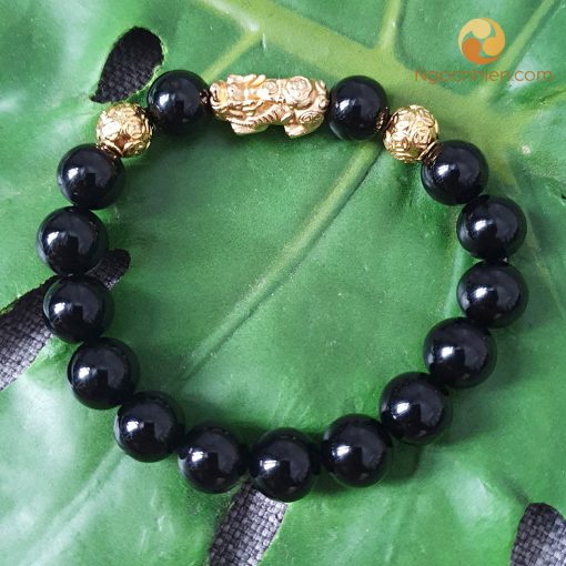 Vòng Đá Mã Não Đen 10 ly mix Châu Kim Tiền, Tỳ Hưu Bạc mạ Vàng - vòng tay phong thủy cho người mệnh mộc và mệnh thủy