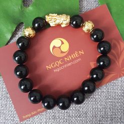 Vòng Tay Đá Mã Não Đen 10 ly mix Châu Kim Tiền, Tỳ Hưu Bạc mạ Vàng - vòng phong thủy ngọc nhiên