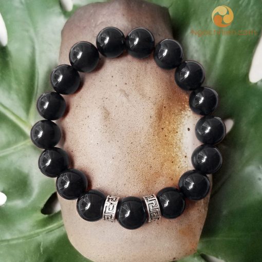 Vòng Tay Đá Mã Não Đen 12 ly mix charm Bạc chữ Vạn - vòng phong thủy ngọc nhiên