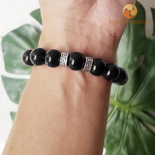 Vòng Đá Mã Não Đen 12 ly mix charm Bạc chữ Vạn - vòng tay phong thủy cho nam mệnh mộc và mệnh thủy