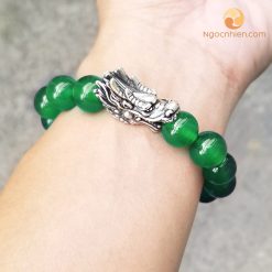 Vòng Đá mã não xanh 12 ly mix charm bạc Đầu Rồng - vòng tay phong thủy cho nữ mệnh mộc và mệnh hỏa